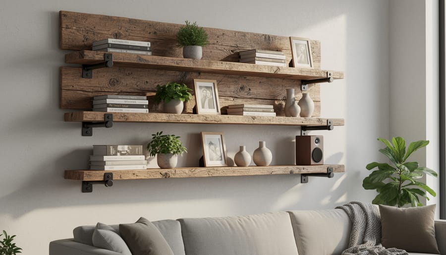 Reclaimed scaffold board floating shelves with weathered wood texture in an industrial living room.