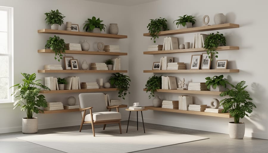 Staggered floating shelves arranged at different heights in a living room corner with plants and books.